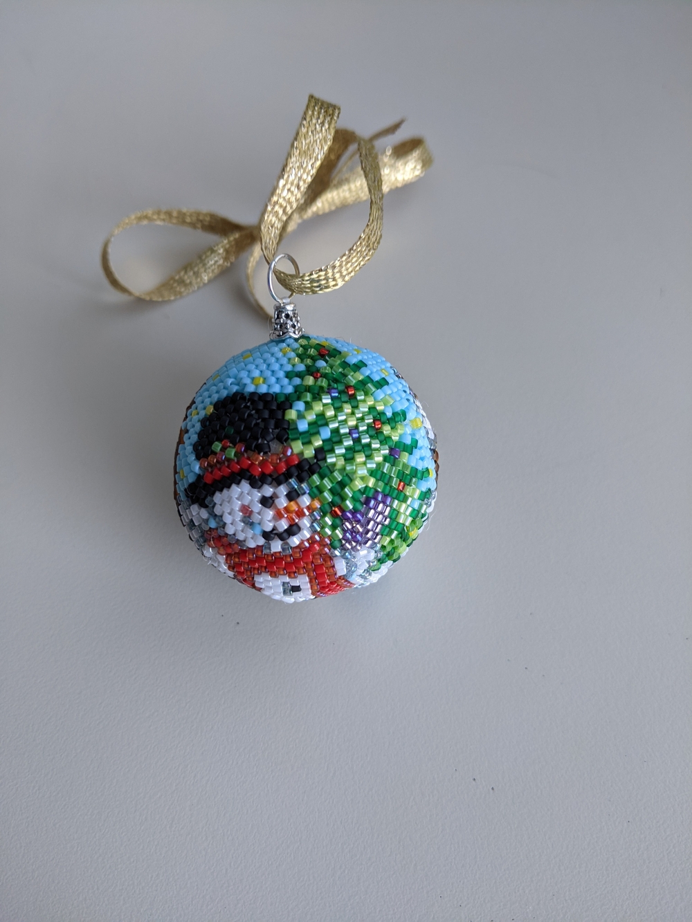 Handcrafted Beaded Snowman Ornament - Blue, Green, Red
